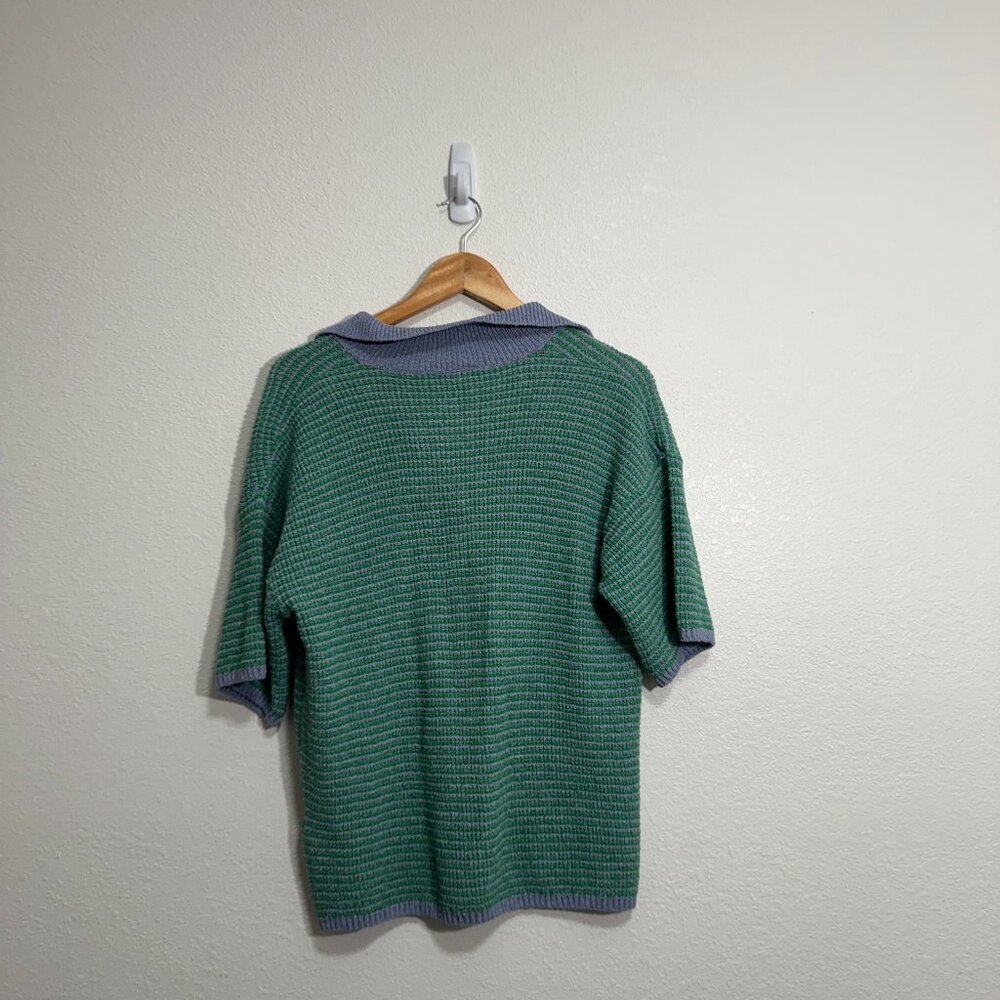 ZARA Knit Green Blue Stripe Sweater Top Short Sleeve Polo Collar Small-Medium - Picture 3 of 6